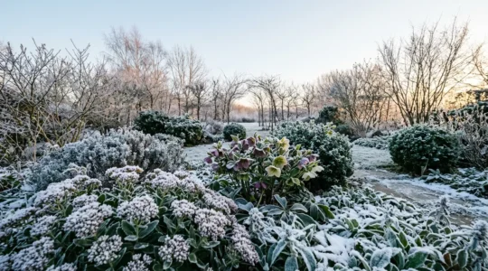 Plantes rustiques couvertes de givre dans un jardin d'hiver français, démontrant leur capacité à survivre au gel extrême