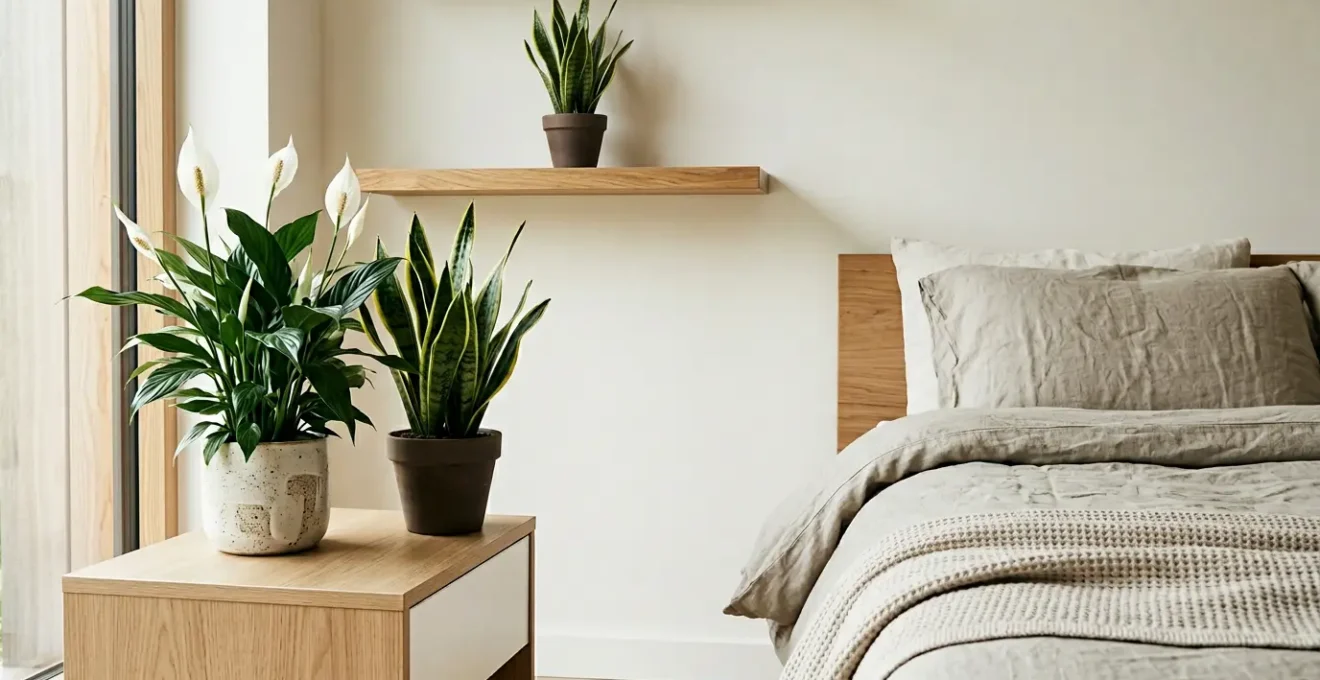 Scène éditoriale d'une chambre contemporaine avec plantes dépolluantes sur table de chevet et étagère