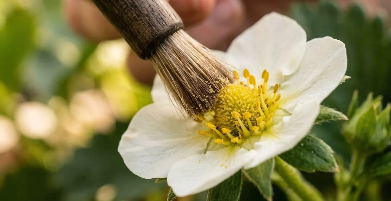 Gros plan sur une main tenant délicatement un petit pinceau contre une fleur de fraisier blanche ouverte