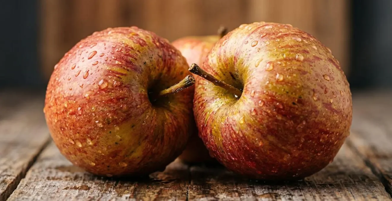 Gros plan photographique de pommes mûres sur une surface en bois révélant leur texture naturelle