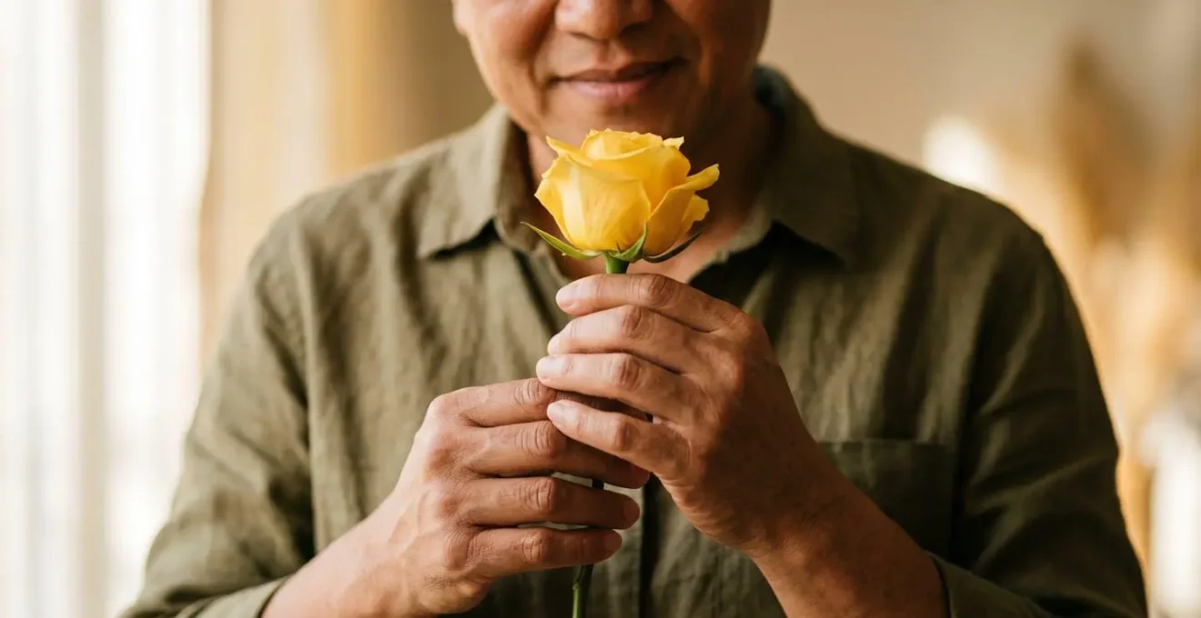 Portrait d'une personne tenant délicatement une rose jaune, évoquant l'amitié et l'évolution des codes floraux