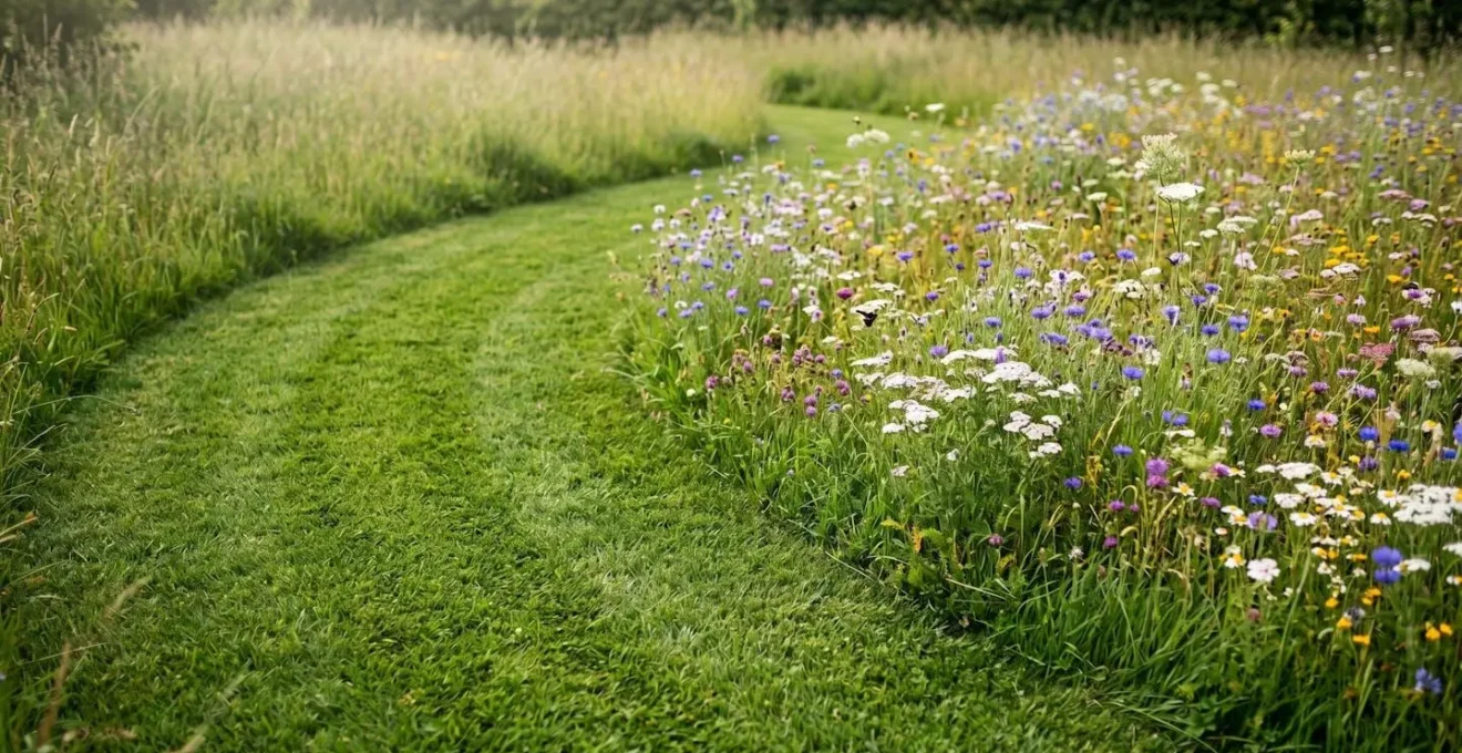 Prairie fleurie avec allées tondues courtes créant un motif graphique au sein de zones fleuries hautes