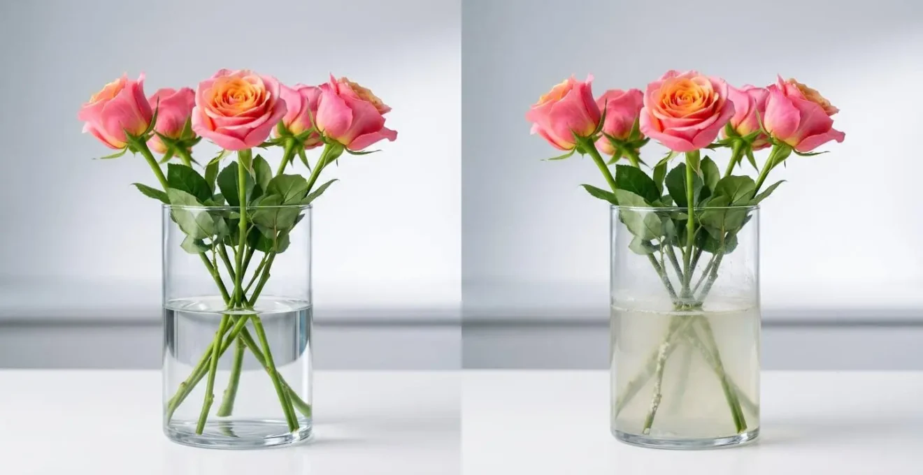 Comparaison visuelle de deux vases de fleurs après 48 heures montrant eau claire versus eau trouble