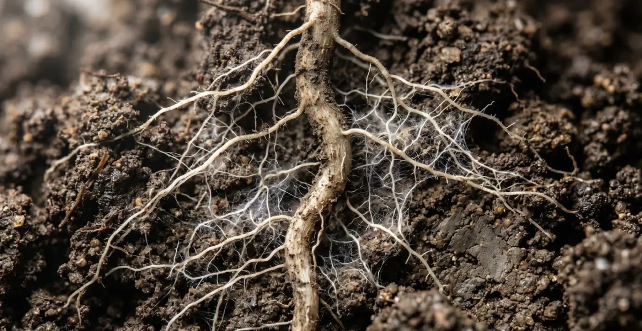 Coupe de sol montrant le réseau racinaire profond d'une plante pérenne avec champignons mycorhiziens