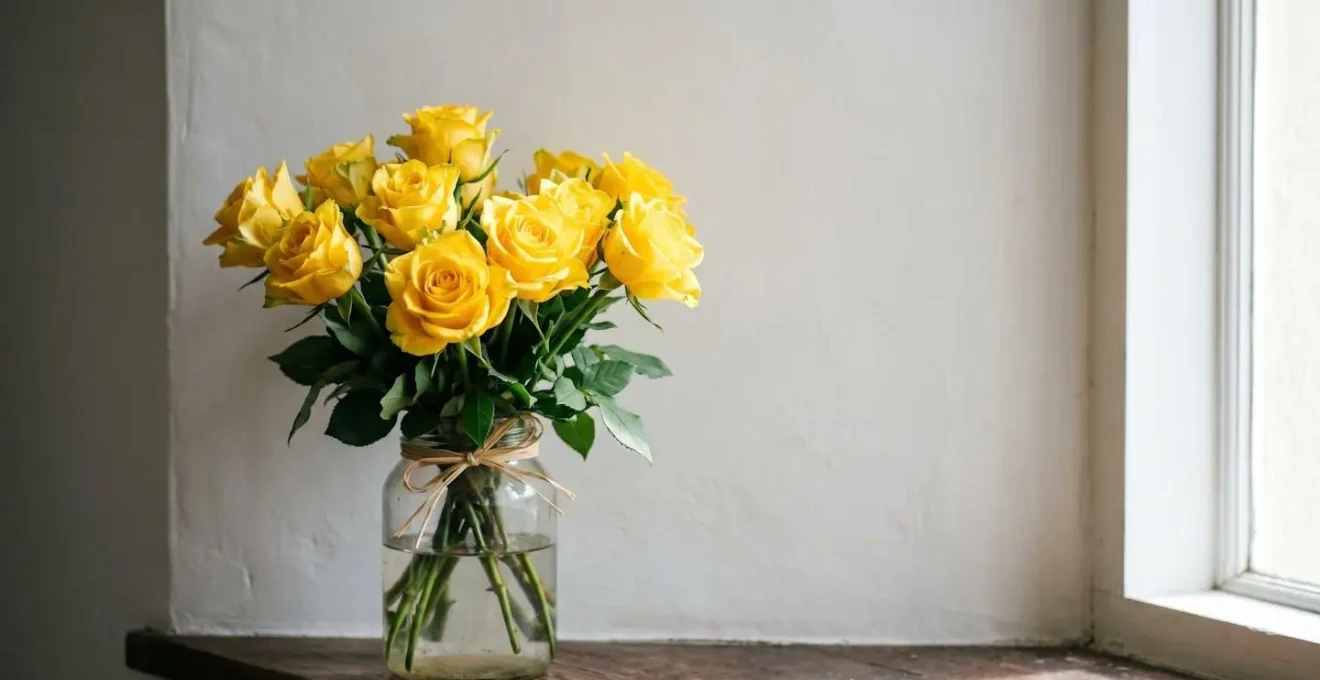 Bouquet éclatant de roses jaunes symbolisant l'amitié et la joie, photographié en lumière naturelle