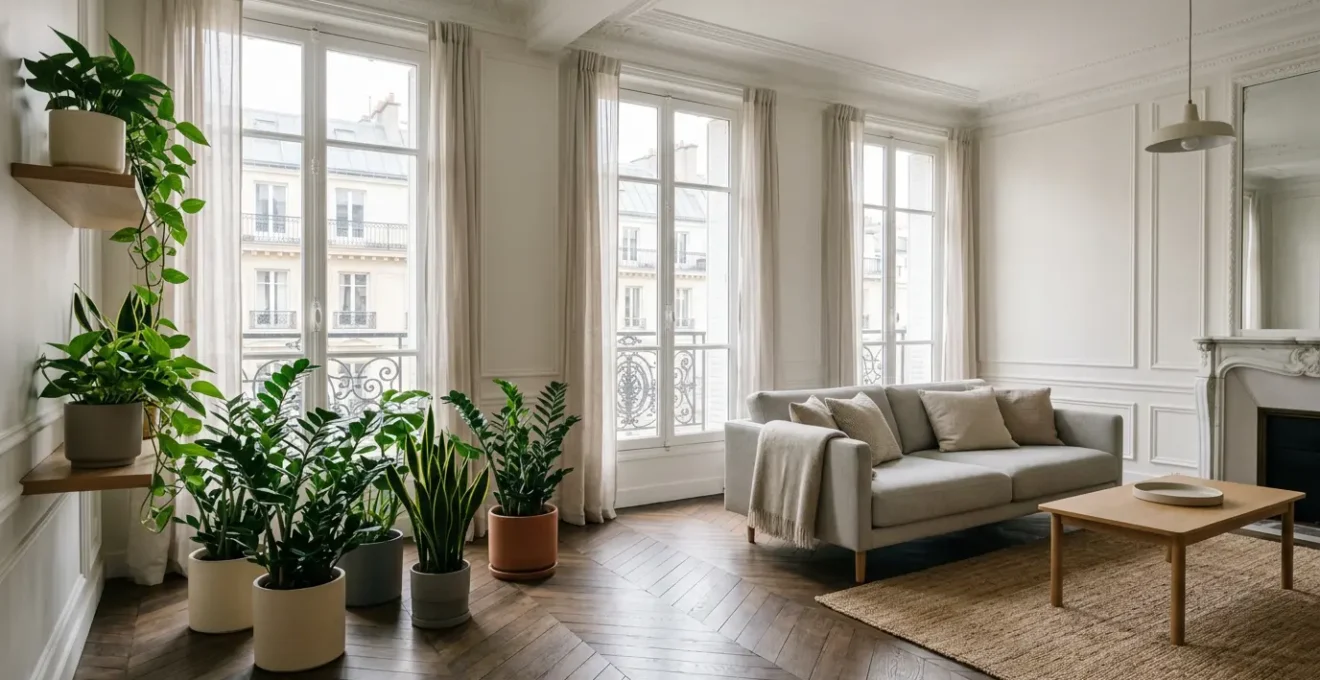 Salon français avec grandes fenêtres lumineuses et plantes d'intérieur adaptées à la faible luminosité