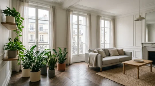 Salon français avec grandes fenêtres lumineuses et plantes d'intérieur adaptées à la faible luminosité