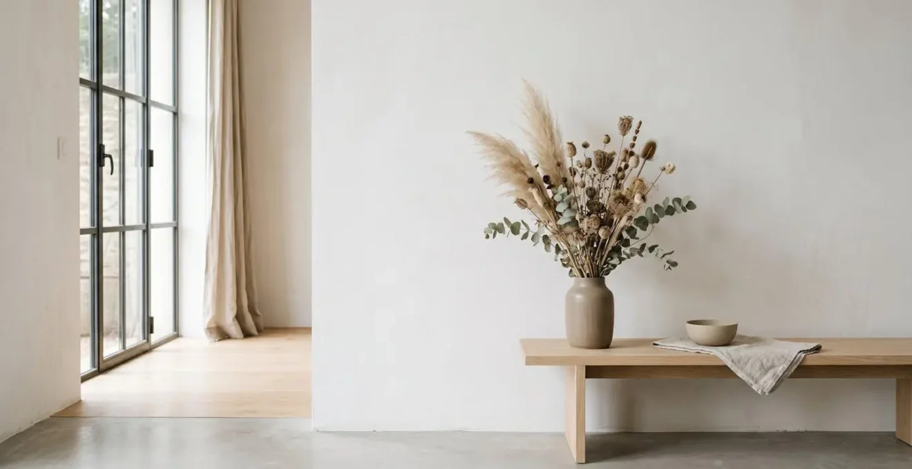 Composition minimaliste de fleurs séchées dans un intérieur contemporain français, évoquant les nouvelles tendances florales