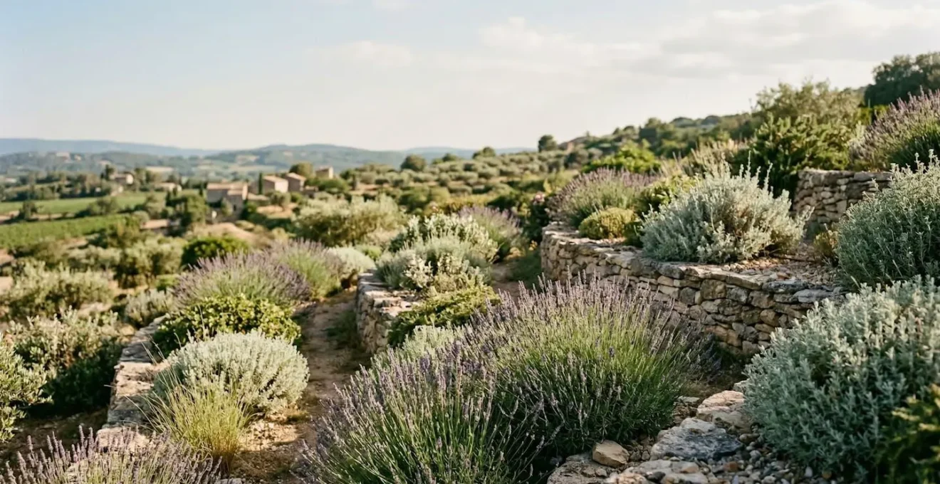 Jardin sec méditerranéen avec plantes argentées résistantes à la sécheresse sous le soleil estival français