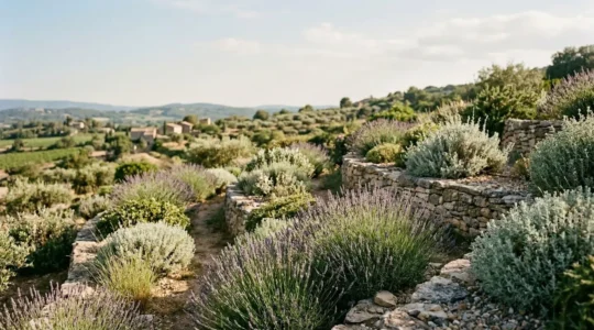 Jardin sec méditerranéen avec plantes argentées résistantes à la sécheresse sous le soleil estival français