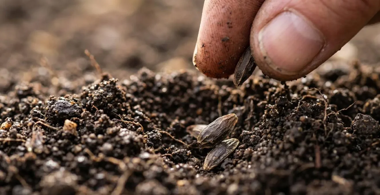 Gros plan sur des graines de cosmos semees dans une terre preparee de jardin
