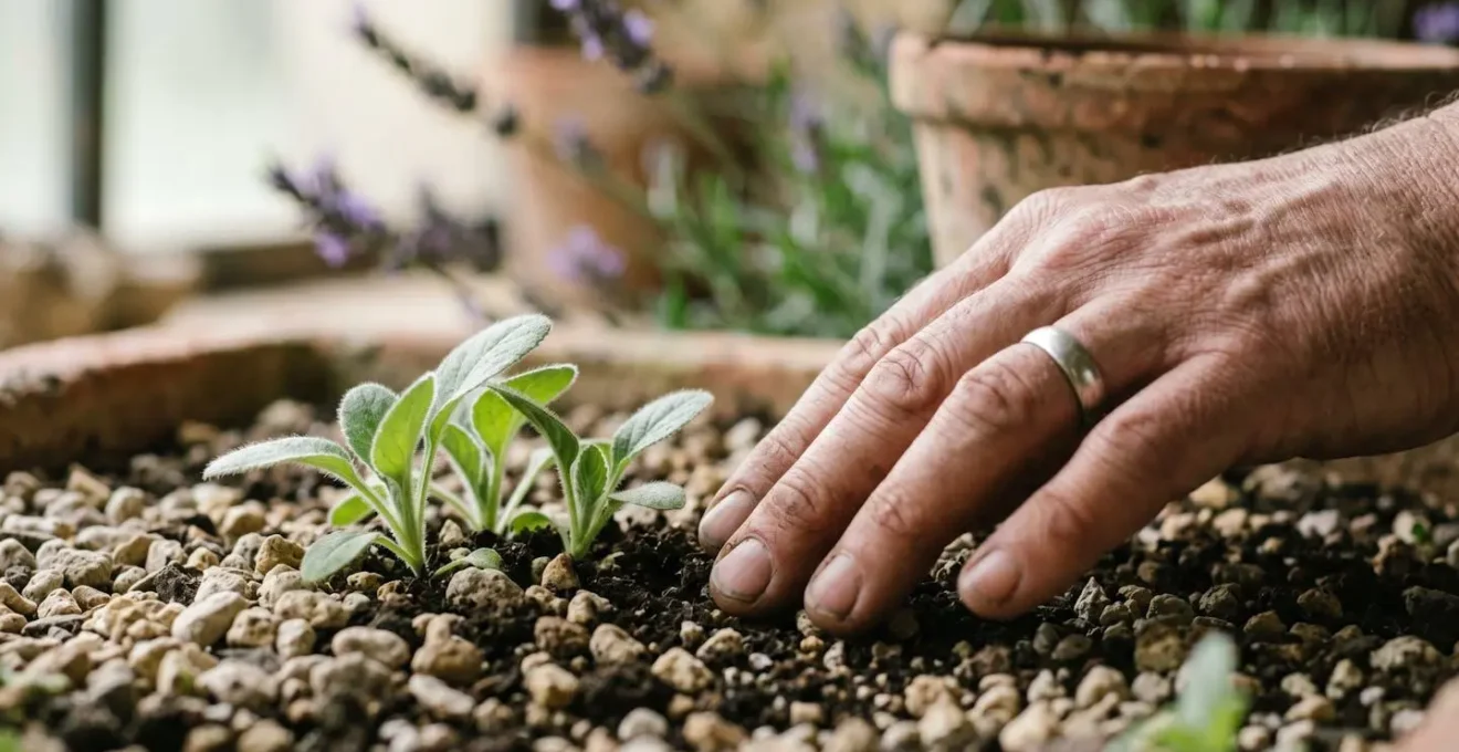 Vue rapprochee de jeunes plantules de bourrache emergent spontanement entre des pierres dans un jardin francais naturaliste