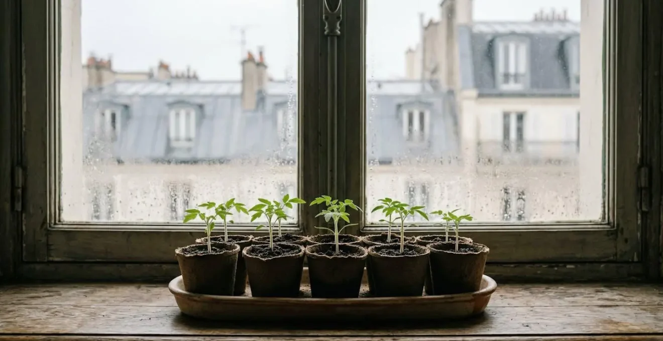Jeunes plants de tomates en godets pres d'une fenetre avec lumiere naturelle indirecte en interieur francais