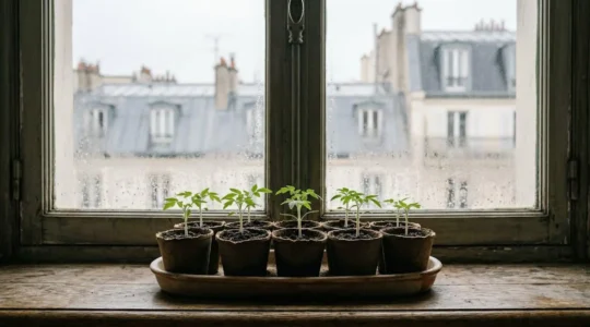 Jeunes plants de tomates en godets pres d'une fenetre avec lumiere naturelle indirecte en interieur francais