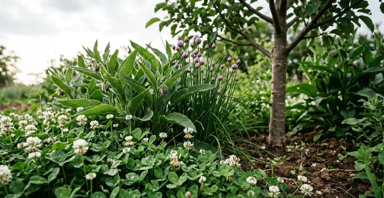 Vue en coupe d'un système de guilde végétale montrant les différentes strates de plantes compagnes autour d'un jeune pommier