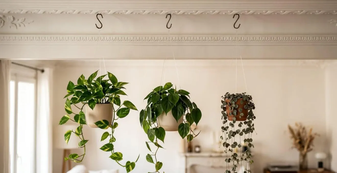 Plantes retombantes suspendues à une cimaise avec crochets en S dans un appartement parisien
