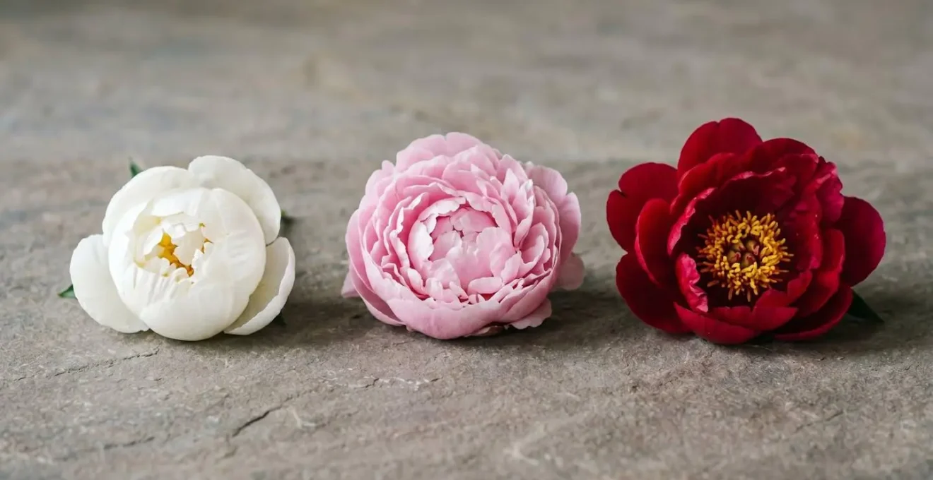 Composition de trois pivoines de couleurs différentes - blanche, rose et rouge - disposées côte à côte sur une surface en pierre naturelle