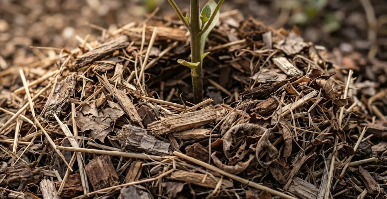 Technique du paillage en forme de donut autour du pied d'une plante pour protéger les racines du gel sans asphyxier le collet