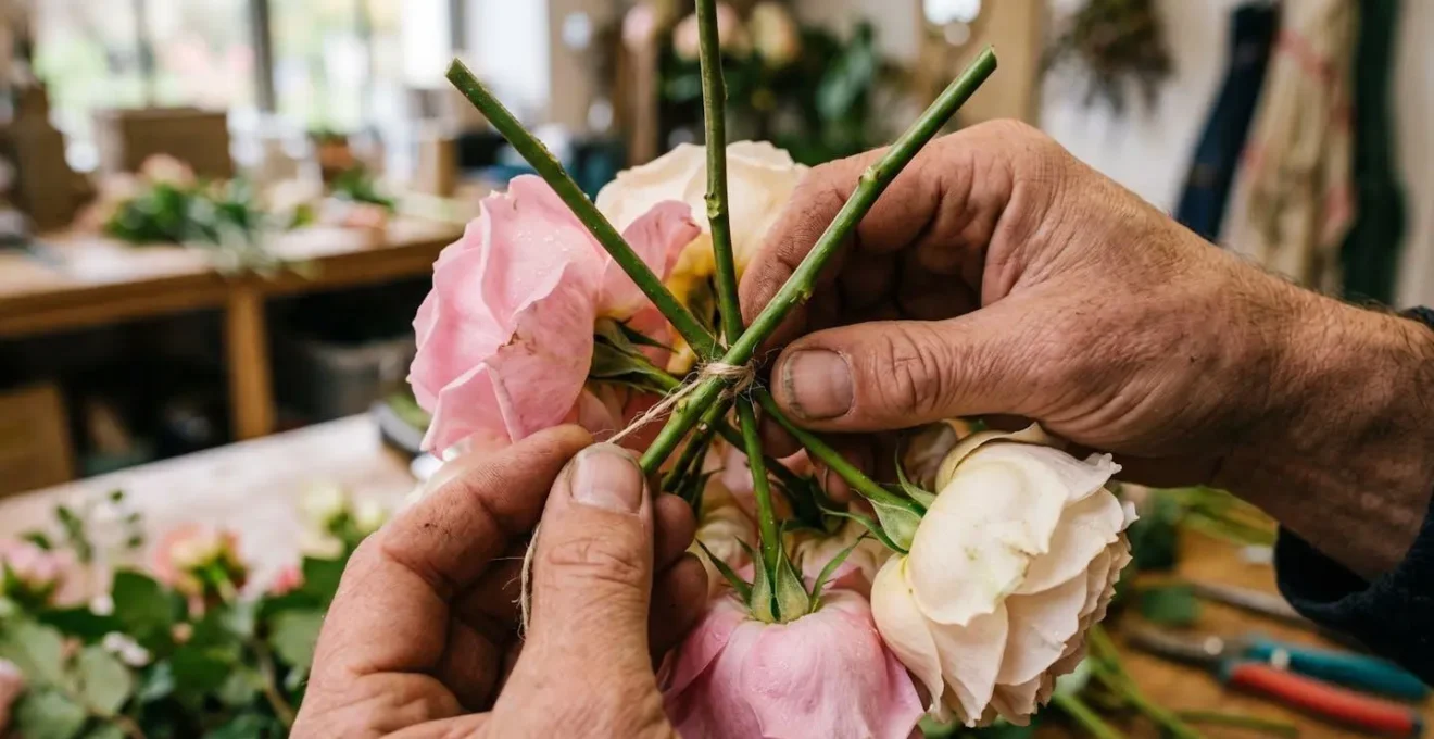 Gros plan sur les mains d'un fleuriste maitrisant la technique de la vrille pour composer un bouquet rond