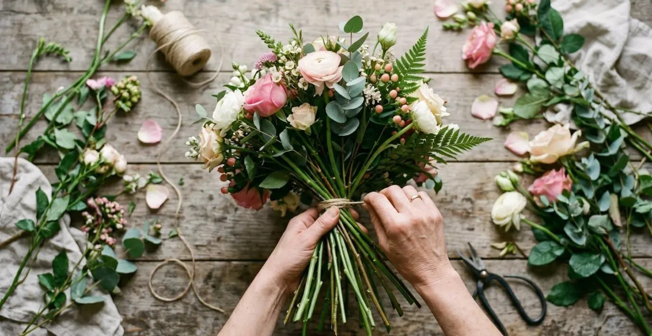 Démonstration visuelle de la technique de la vrille avec les mains tournant le bouquet en spirale, montrant l'angle à 45 degrés des tiges et la rotation progressive pour créer la structure ronde