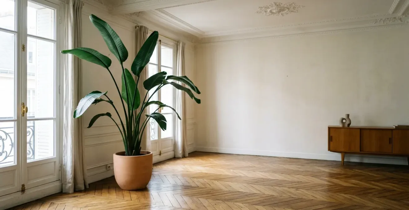 Intérieur minimaliste français avec une seule grande plante signature près de moulures haussmanniennes