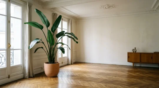 Intérieur minimaliste français avec une seule grande plante signature près de moulures haussmanniennes