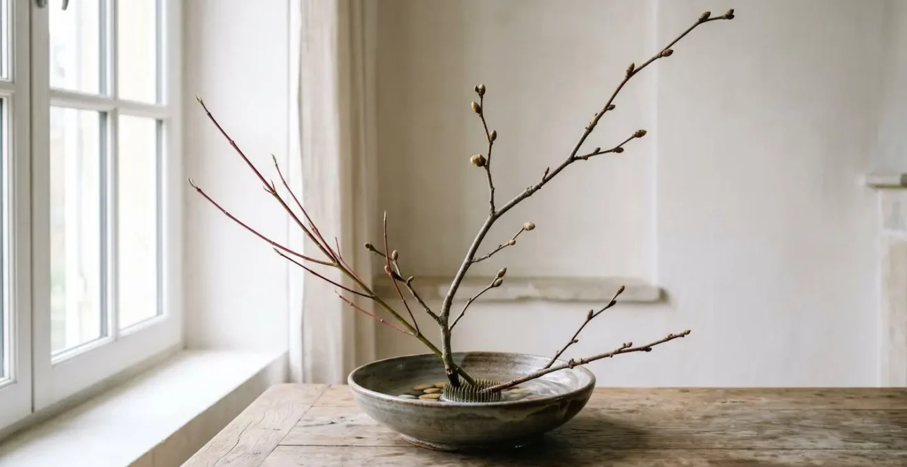 Composition florale minimaliste de trois branches disposées en triangle asymétrique selon les principes de l'ikebana avec des essences françaises
