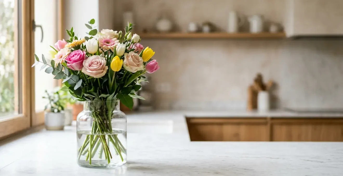 Bouquet de fleurs fraîches dans un vase transparent avec eau claire, gros plan sur les tiges coupées en biseau