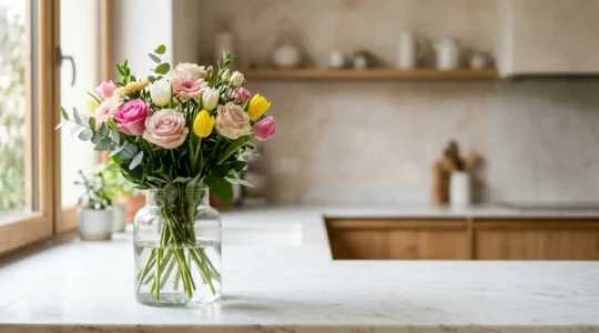 Bouquet de fleurs fraîches dans un vase transparent avec eau claire, gros plan sur les tiges coupées en biseau