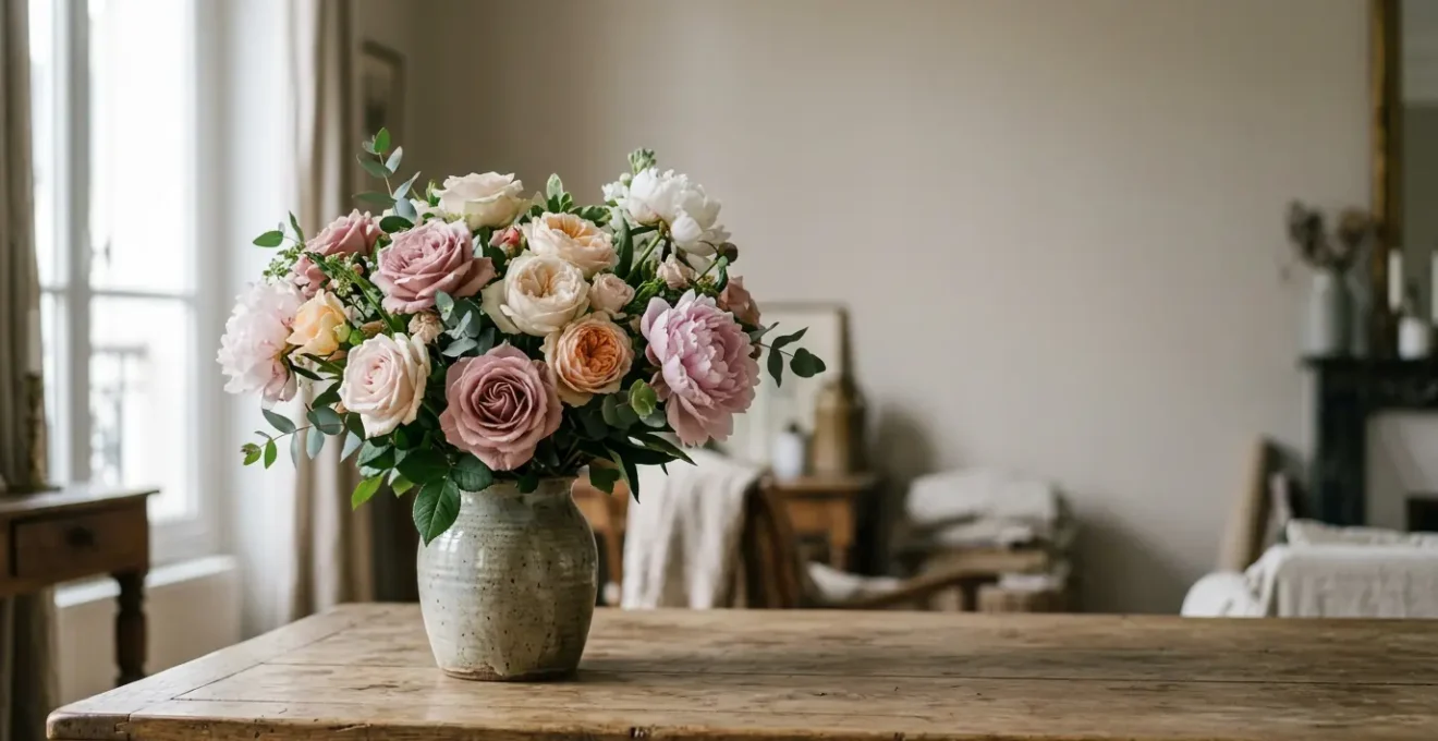 Bouquet de fleurs coupées variées dans un vase en verre transparent sur fond clair