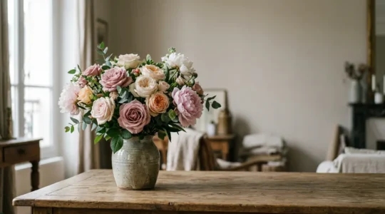 Bouquet de fleurs coupées variées dans un vase en verre transparent sur fond clair