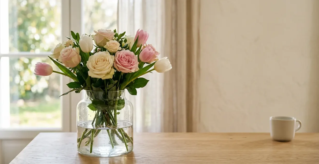 Vase transparent avec bouquet de fleurs coupées fraîches et eau claire, scène d'entretien floral quotidien