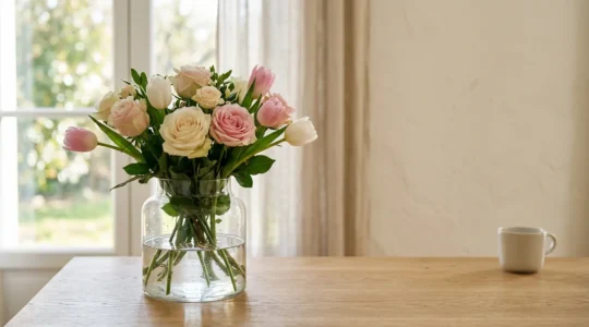 Vase transparent avec bouquet de fleurs coupées fraîches et eau claire, scène d'entretien floral quotidien